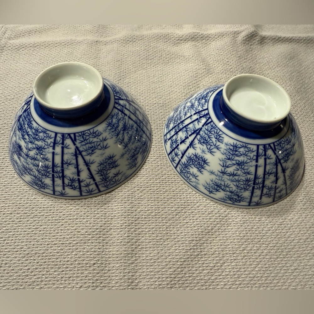 2 Porcelain Japanese Rice Bowls Blue and White Bamboo Pattern